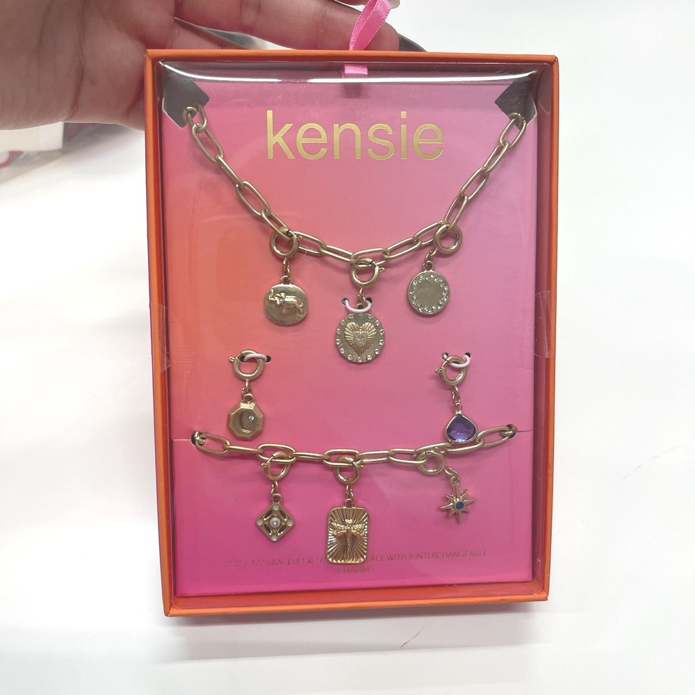 Kensie Gold Tone Paperclip Chain Necklace Bracelet Set 8 Interchangeable Charms